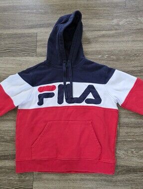 FILA Colorblock Pullover Hoodie Big Logo Red White Blue Men's Small